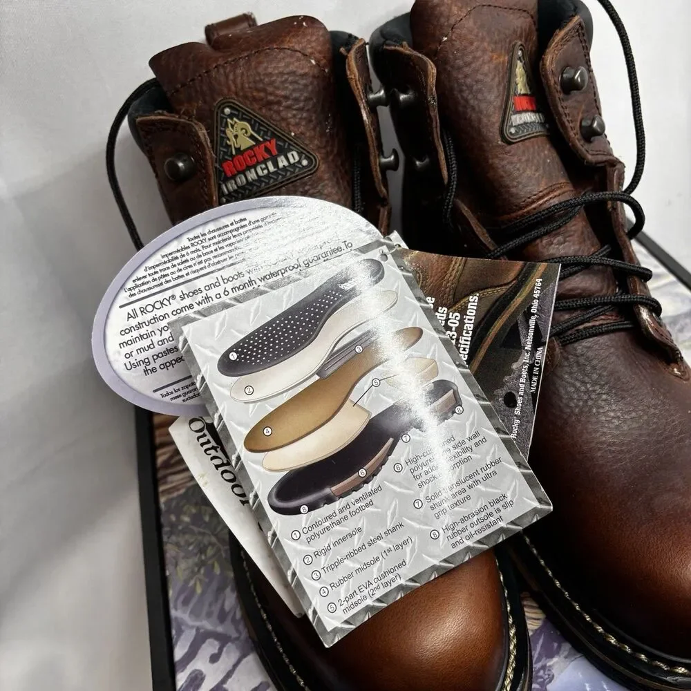 New Rocky IronClad 6696 Mens 8.5 M Steel Toe Waterproof Work Boots Brown Leather